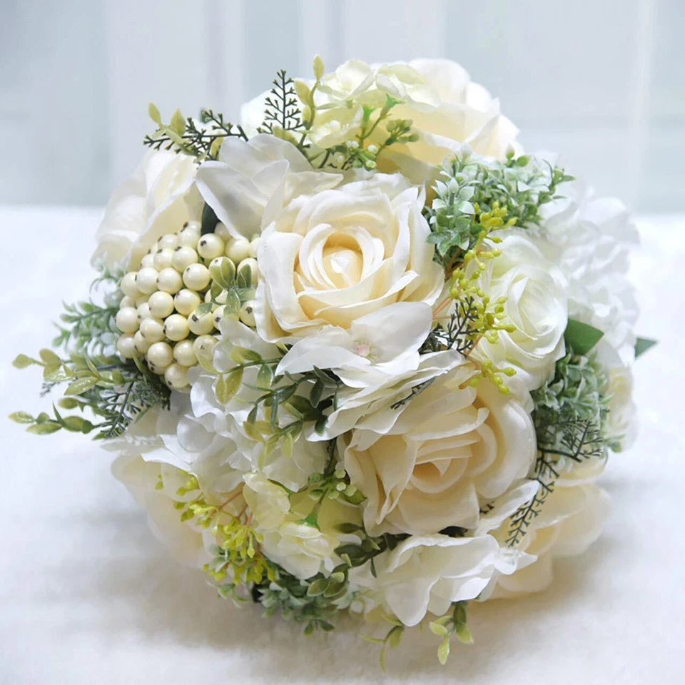 9.8" Bridal Holding Wedding Bouquet Real-Looking Mixed Flowers Ivory Greenery... - Image 2 of 4