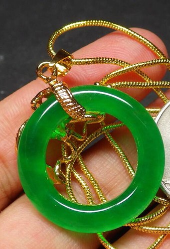 Yellow Gold Plated Dragon Genuine Green Jade Circle Round Pendant Chain Necklace - Picture 8 of 8