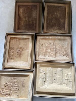 6 seltene B&A Osborne unbemalte 3D Kunst Ivorex Plaketten Canterbury Kathedrale 1920