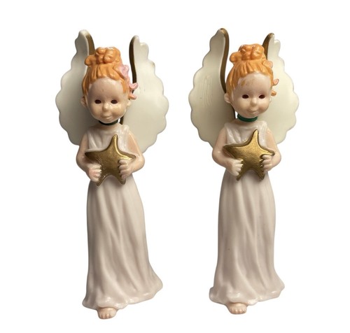 Hallmark Merry Miniature Christmas Pink Angel Holding Gold Star 1974 Rare Set - Picture 4 of 8
