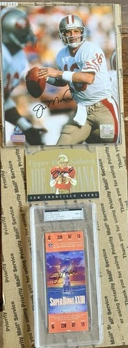 JOE MONTANA AUTOGRAPHED PHOTO CARD  SUPER BOWL TICKET PSA