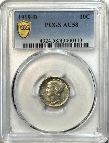 1919-D Mercury Dime - PCGS AU58 Gold Shield - Better Date Silver 10C Coin