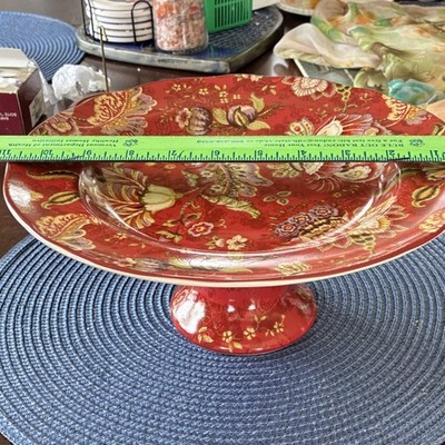 222 Fifth Gabrielle Red Floral Porcelain Cake Stand 12 Inch Dishwasher Safe