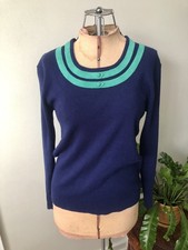 Vintage Dark Blue Sweater With Rich Mint Green Details