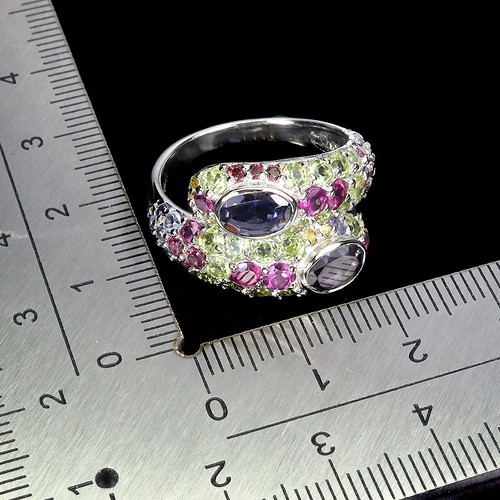 925 Anello Argento Sterling Ovale Iolite Peridoto Zaffiro Tanzanite Gemma Size 8 - Foto 3 di 13