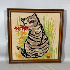 Vtg MCM Needlepoint Cartoon Cat Cross-Stitch Framed Mid Century Modern Floral