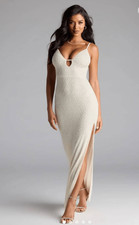 Windsor Aiza V-Neck Ivory Slit Beaded Formal Dress, Spaghetti Straps, NWT, Sz. M