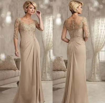 Elegant Beaded Lace Champagne Mother Of The Bride Dresses Plus Size Chiffon