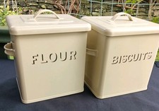 2x Vintage Painted Enamel Style Retro Storage Tins Flour & Biscuits Beige 
