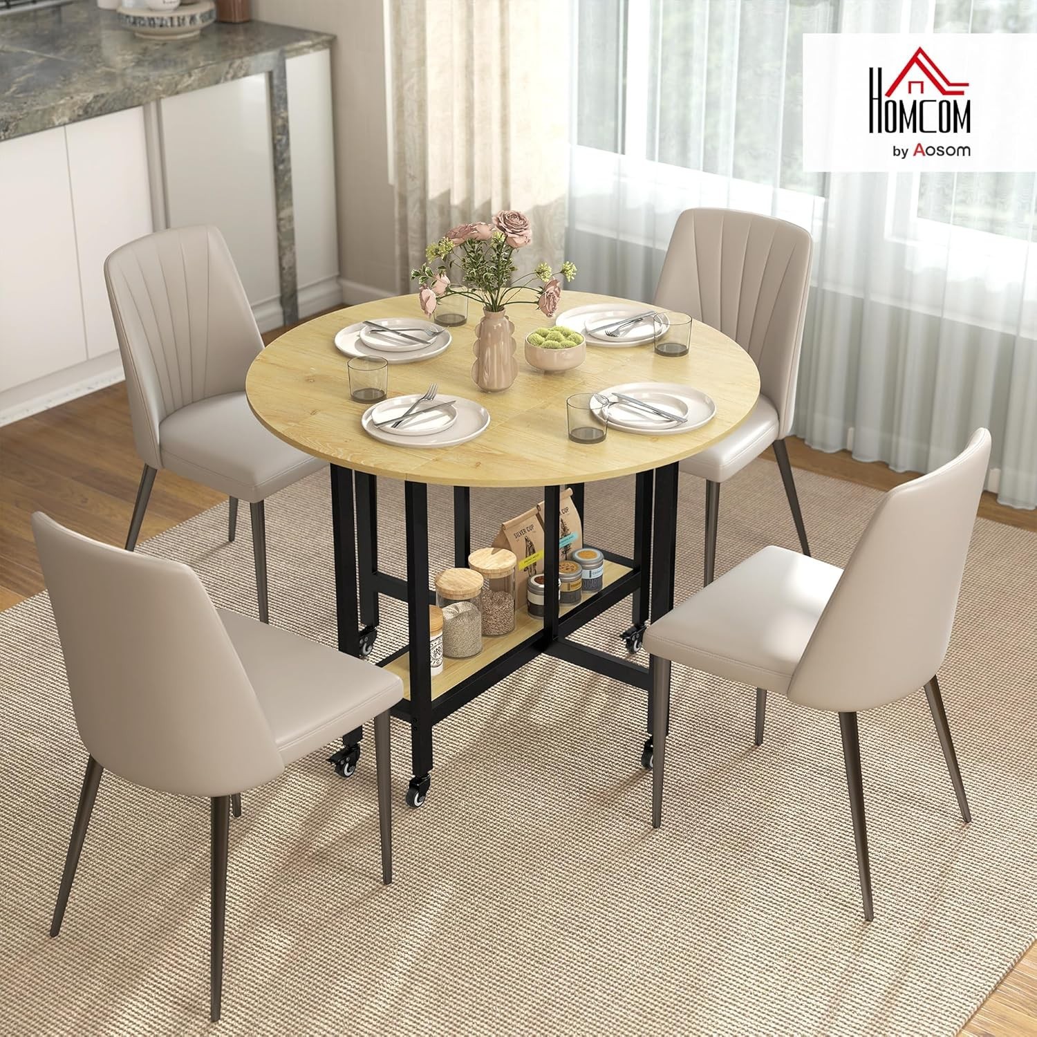 Table cuisine pliante sur roulettes 100x100 cm en bois pour 4 personnes