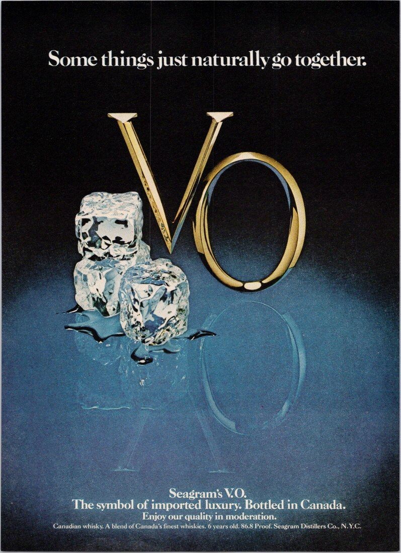 Seagram's V.O. 1980 Vintage Print Ad Canadian Whisky Luxury Ice Cubes