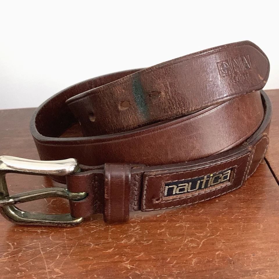 复古 90 年代 NAUTICA 棕色皮革腰带 34 码 — 第 2/4 张图片