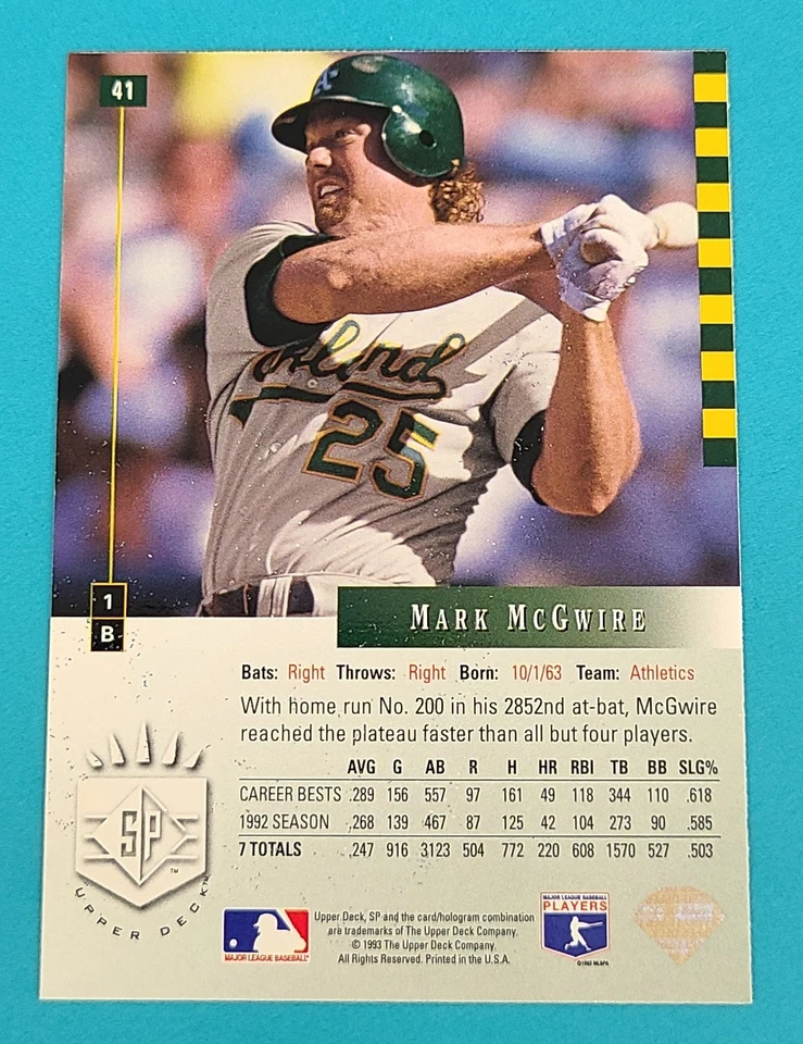 1993 SP   #41 Mark McGwire  Oakland Athletics Baseball Card D3 - Image 2 of 2