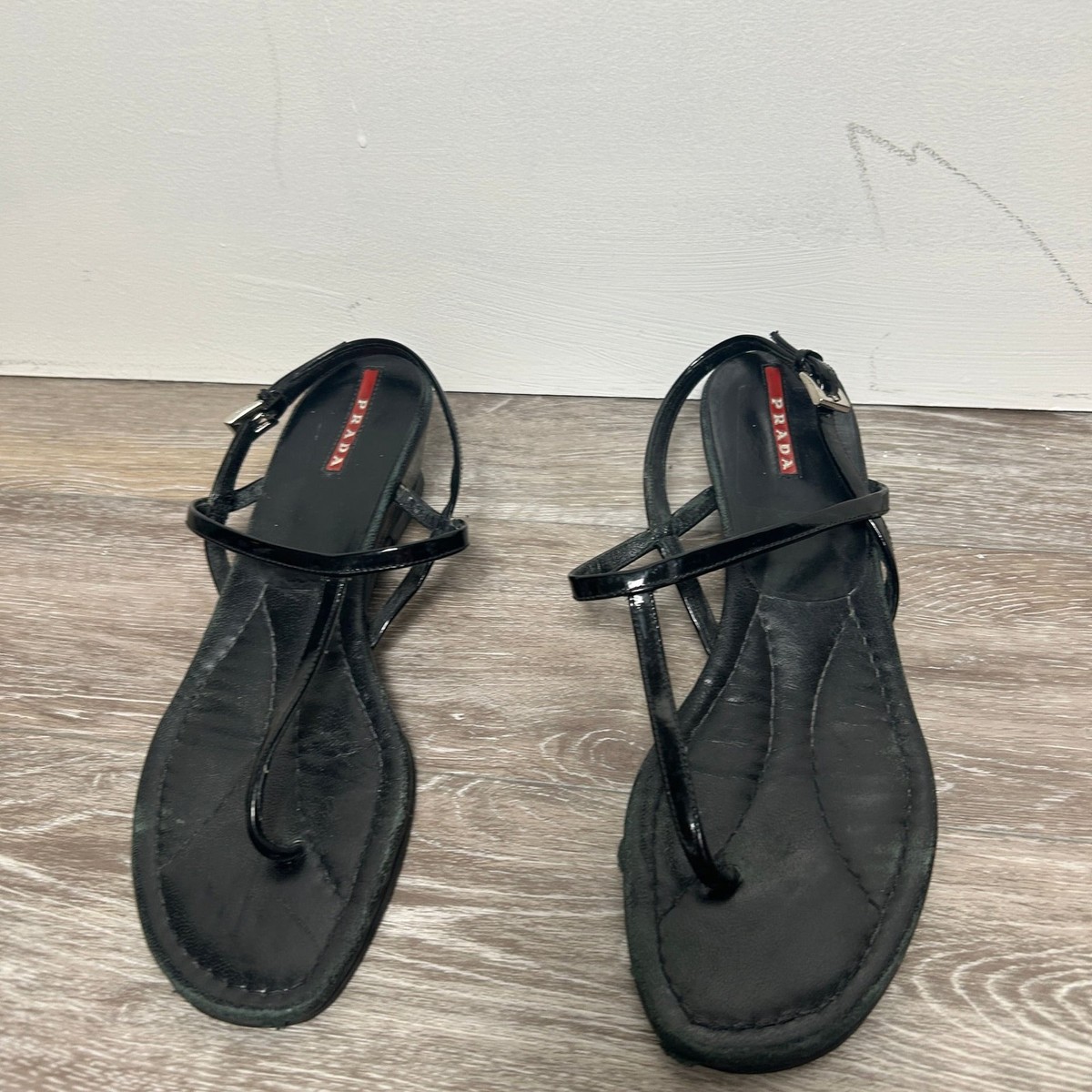 Prada Black Patent Leather T-Strap Wedge Sandals | eBay