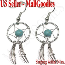 E001 Turquoise Dreamcatcher Dream Catcher Earrings Feathers Bead