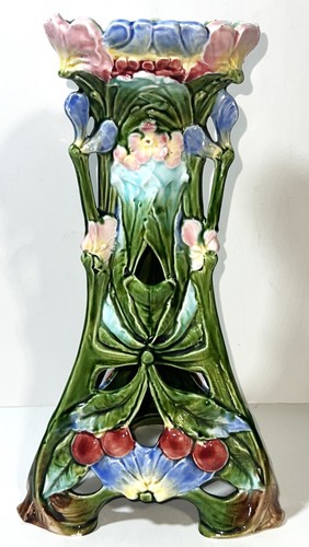 VTG Art Nouveau French Majolica Pottery Ceramic Floral Candle Holder Plant Stand - Picture 2 of 20