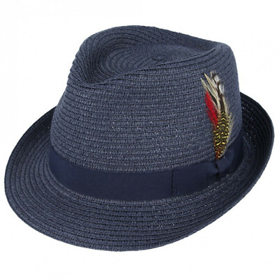 Mens Ladies Navy Packable Straw Summer Trilby Hat With Band and Feather New  UK