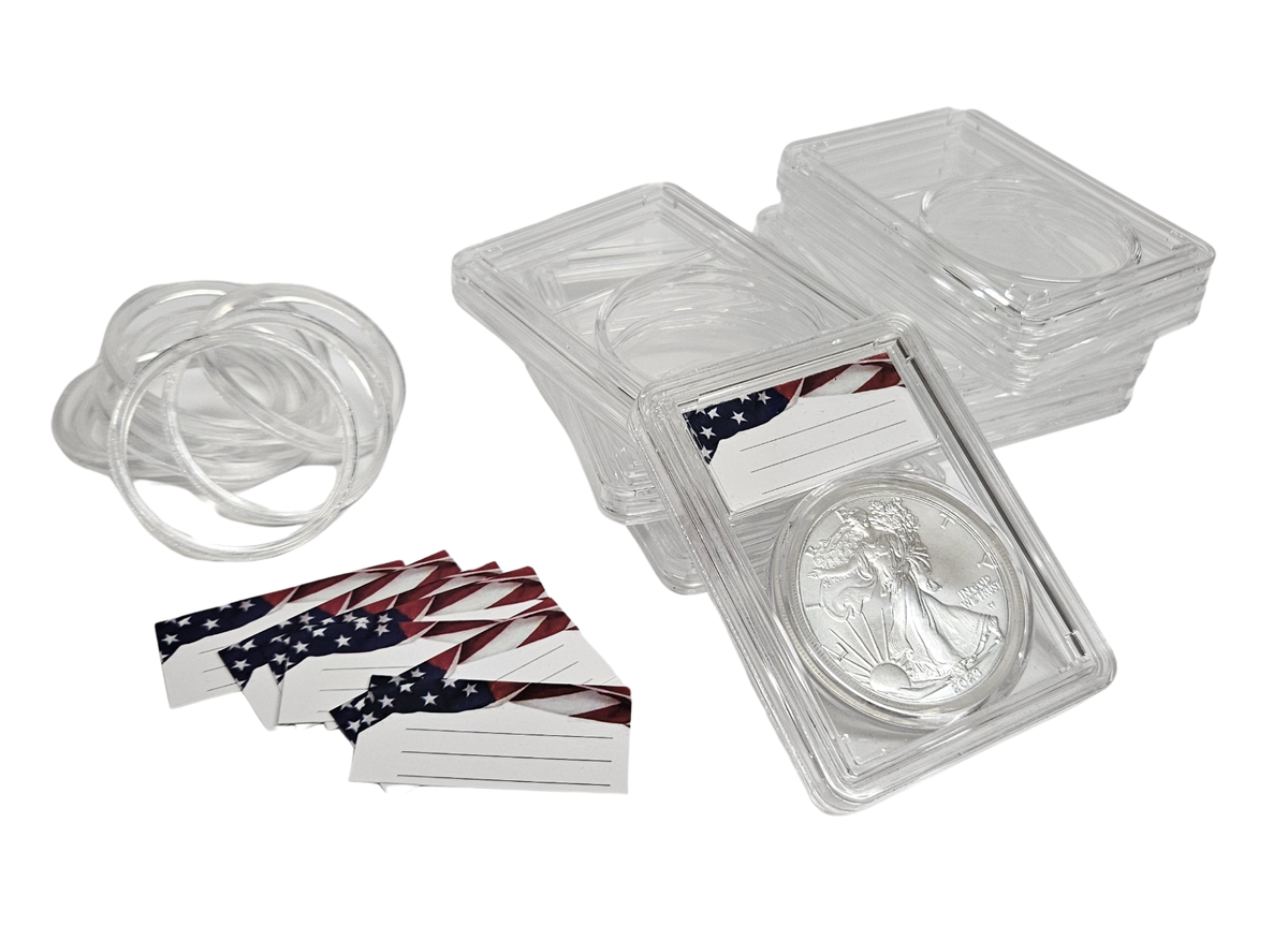 8-Pack Premium Acrylic Coin Slab Holders For American Silver Eagles - 40mm Sizing Ring Included