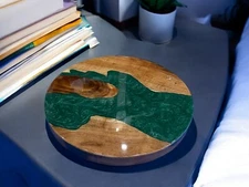 Round Green Resin Epoxy Coffee Table Live Edge Acacia Wood Cafe Furniture Decors