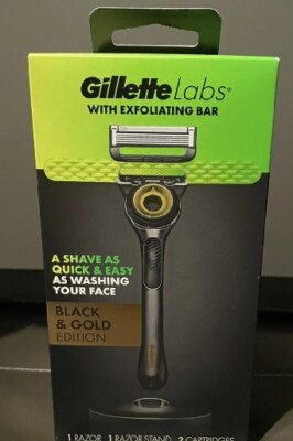 NEW GILLETTE LABS BLACK & GOLD EDITION KIT 1 RAZOR + 1 STAND + 2 CARTRIDGES