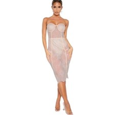 Prettylittlething Nude Bandeau Cup Detail Lace Midi Dress-Size Large 10