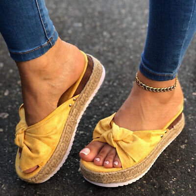 Women Bow Kont Flat Wedge Summer Sandals Slippers Platform Espadrille Shoes Size