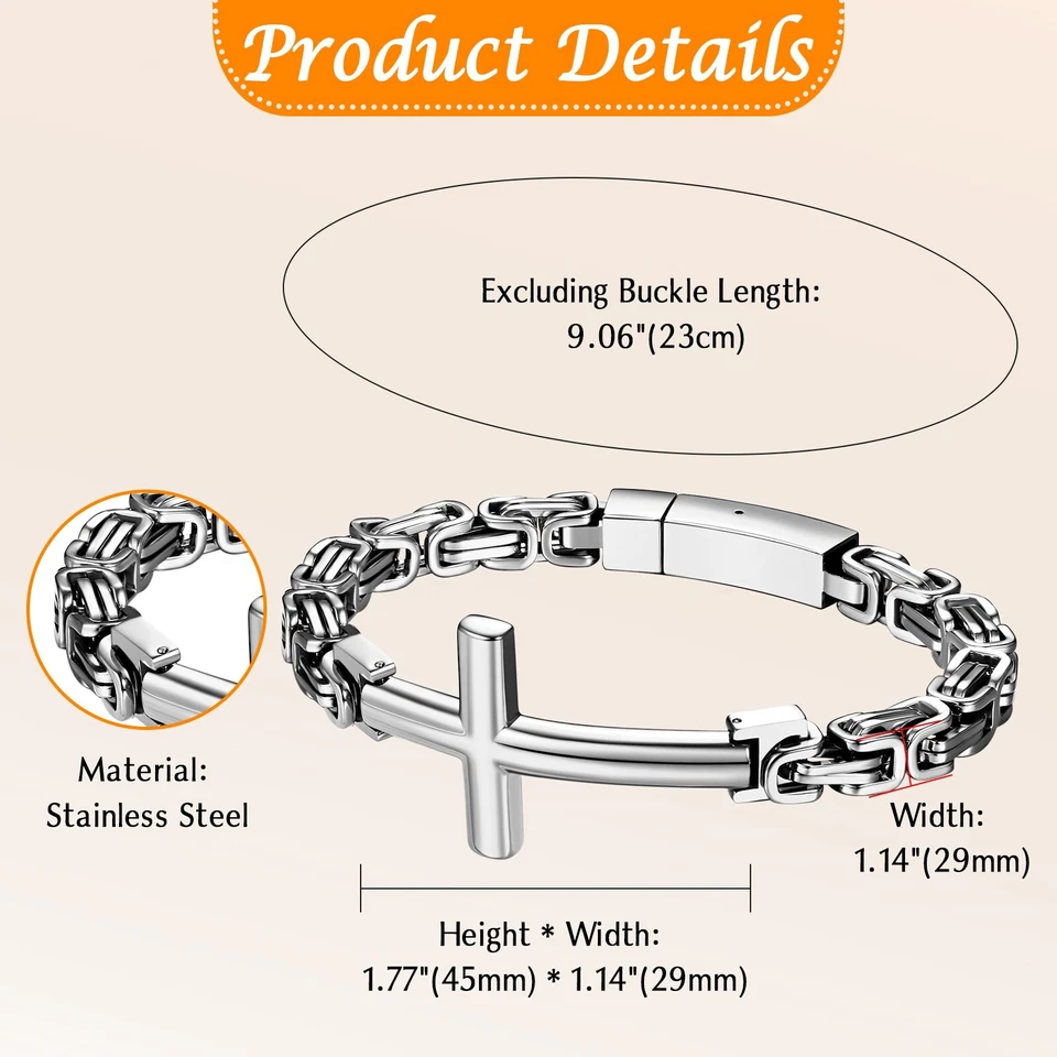 Pulsera Cruz Religiosa Hombre Cadena Bizantina Pulsera Eslabones Acero Inoxidable Foto 3 de 3