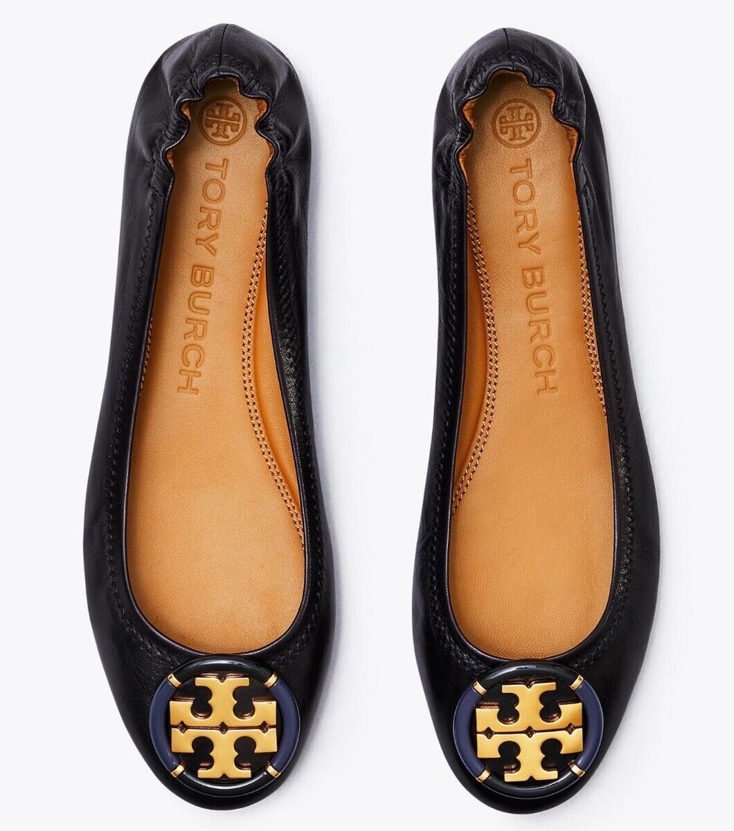 Tory Burch $268 Enamel Logo Leather Ballet Flats Perfect Black