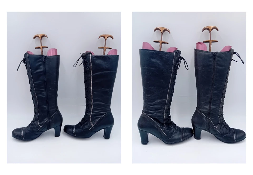 Vintage 15" High Womens Tall Knee Boots Black Leather UK 6 EUR 39 Goth Steampunk - Image 3 of 4