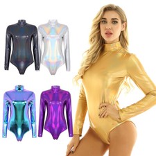 Womens Dancewear Club Unitard Wet Look Rompers Music Jumpsuit Theme Party Rave