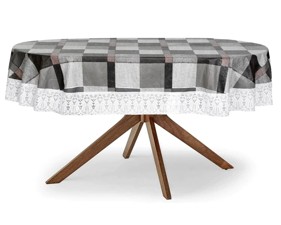 6 Seater Oval Dining Table Cover with White Border lace 60x90 inch Brown - Image 3 of 4