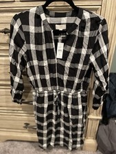 Loft Plaid Vneck Long Sleeve Shirt Dress W/ Cinched Drawstring Waist NWT