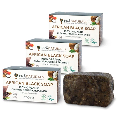 PraNaturals Pack of 3 Organic African Black Soap Face Body Anti-Ageing 200g Bar