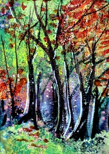 ACEO Original Painting TREE Autumn Landscape FALL Leaves Night Nature ATC ART