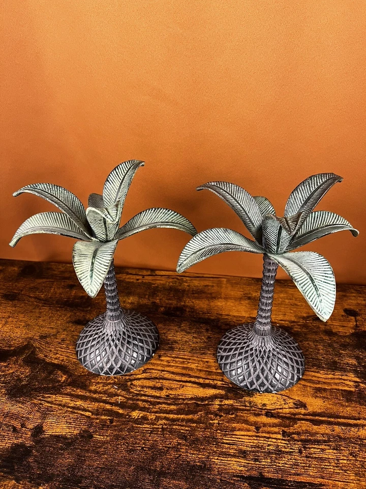 Par De Candelabros De Colección Pequeños De Hierro Fundido Palmtree ¡¡HERMOSOS!!! Foto 2 de 4