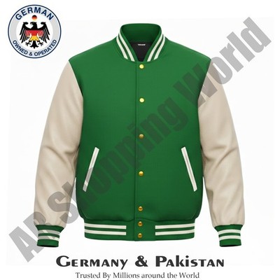 Green Varsity Letterman Wool Body Genuine Leather Sleeves Baseball Bomber Jacket