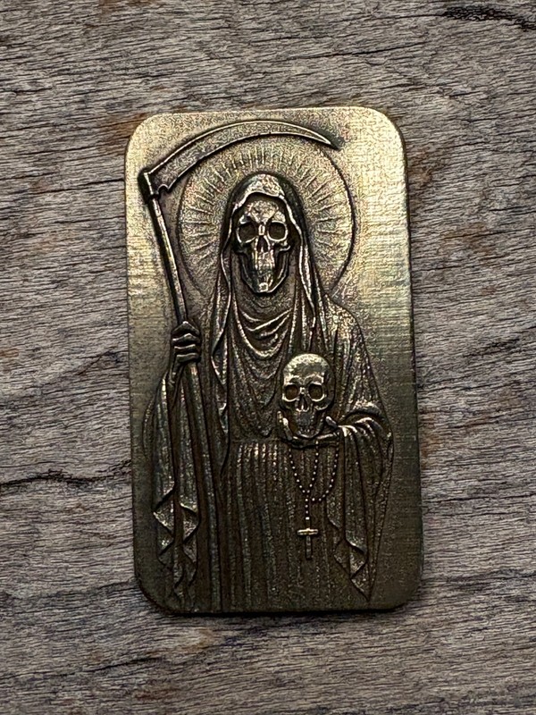 Santa Muerte - Holy Death Engraved Pocket Icon, Charm, worry stone, solid brass