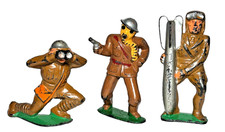 3 Barclay Manoil Soldiers 778 Gas Mask 112 Aviator Holding Shell 192 Binoculars