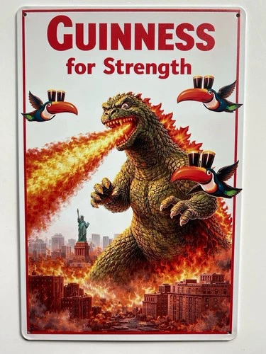 Guinness Beer Metal Sign - Guinness For Strength Retro Vintage Godzilla