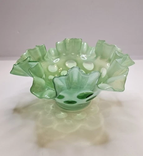 Vintage Fenton Green Opalescent Coin Dot Ruffled Edge Bowl