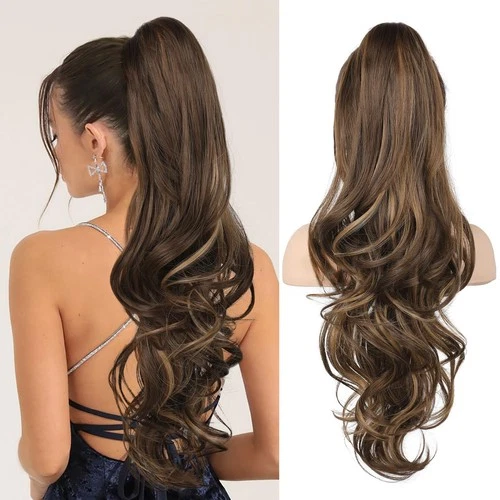 Ponytail Extension Long Wavy Curly Hair – Deep Brown with Dirty Blonde