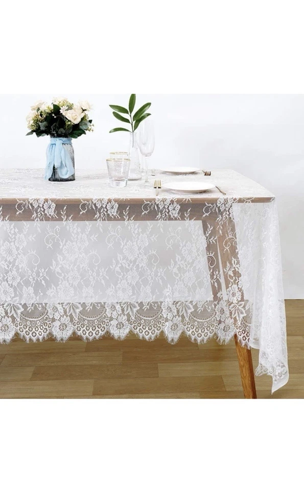 Paquete de 2 manteles de encaje-60”x120” blanco vintage rectangular para bodas y eventos Foto 2 de 4