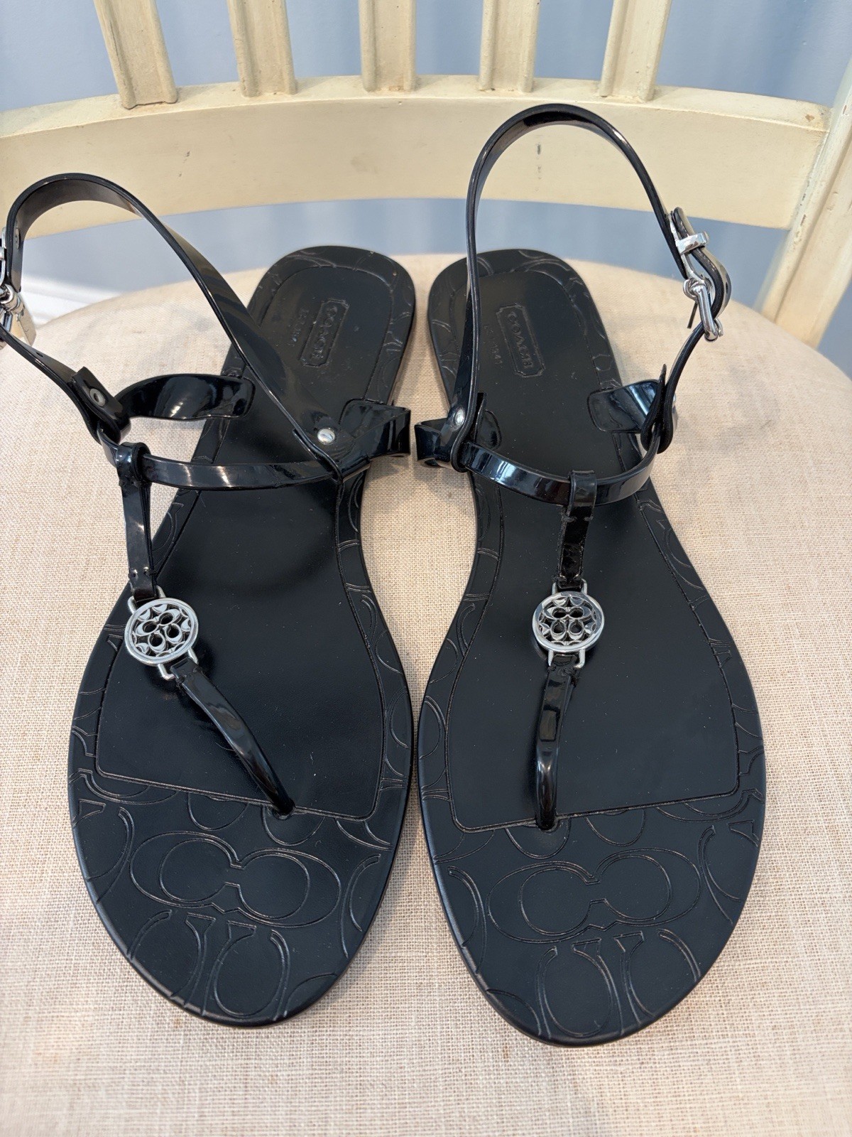 Coach Women's Pansy Jelly Sandals Shoes Flat Black Size 11 B Logo