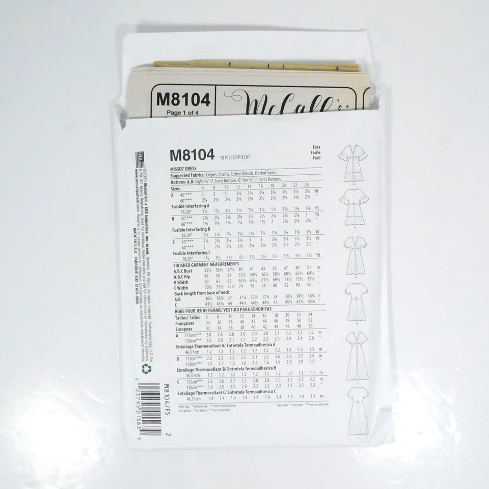 McCalls 8104 Misses Dress Pattern Size 16-24 Uncut Dolman Sleeves Empire Buttons - Image 4 of 4