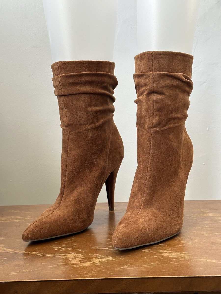 Brown Slouchy Faux Suede Boots Putu Women's Pointed Toe Knee High