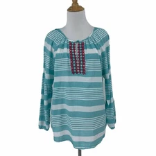 Talbots Beaded Keyhole Neckline Stripe Blouse Women's Size L Aztec Trim Shirt