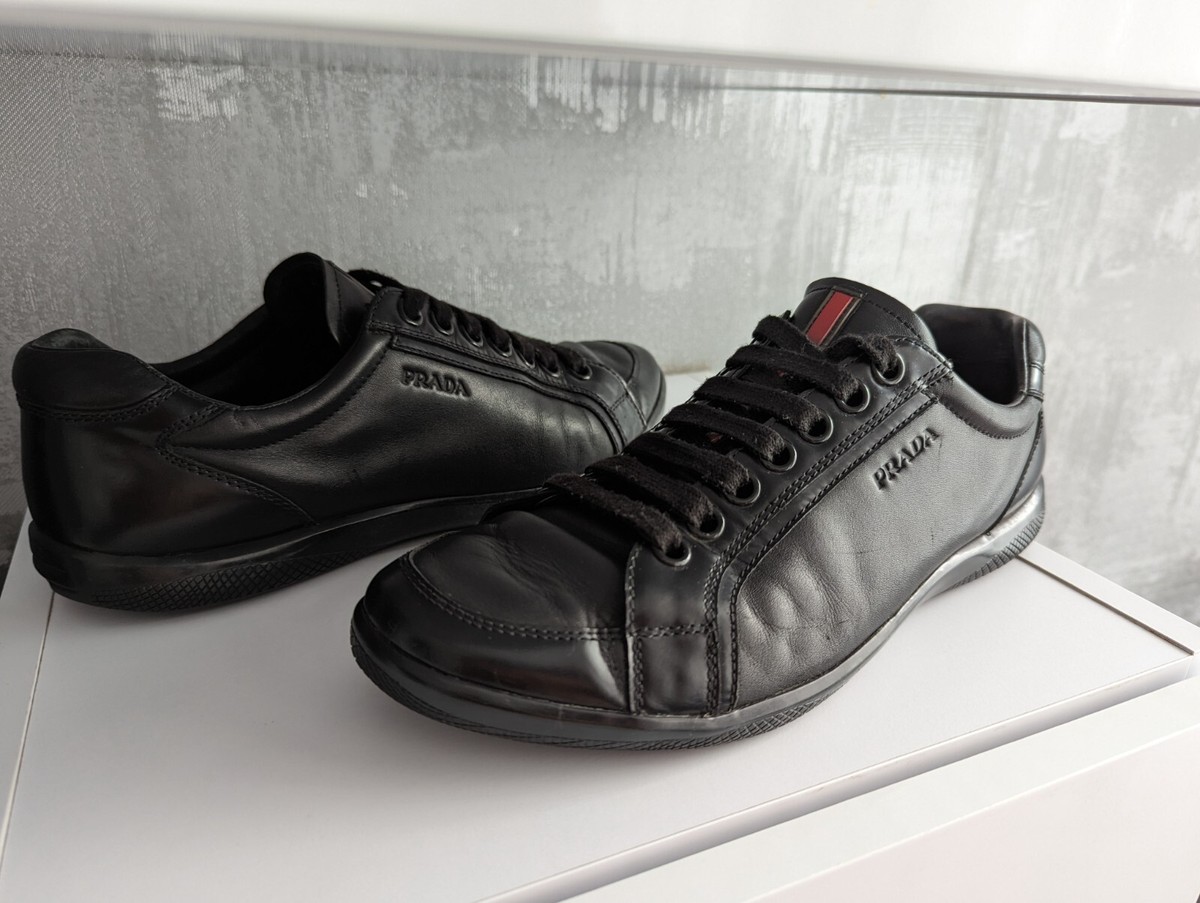 PRADA Mens Black Leather Low Top Sneakers Trainers Shoes