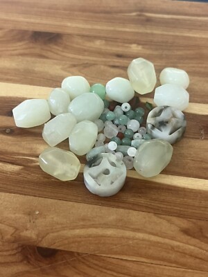 VINTAGE Old Stock Jade Green White  Gemstone  BEAD Exact Lot