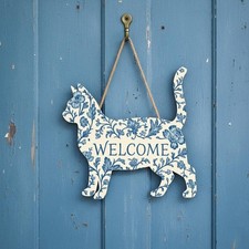 Blue Floral Cat Welcome Sign Wooden Door Hanging Plaque Kitty Lover Home Decor