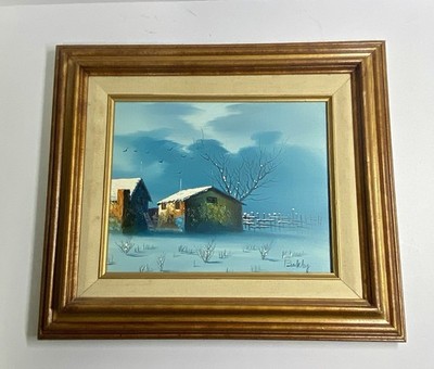 Vtg Artist Beckley(Berkley) Oil Painting on Canvas Winter Country Scene Framed